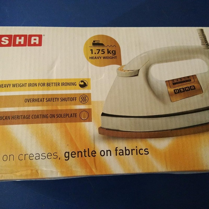 Usha EI 3710 Heavy Weight 1000-Watt Dry Iron with Golden American Heritage Soleplate, 1.75 Kg(White)