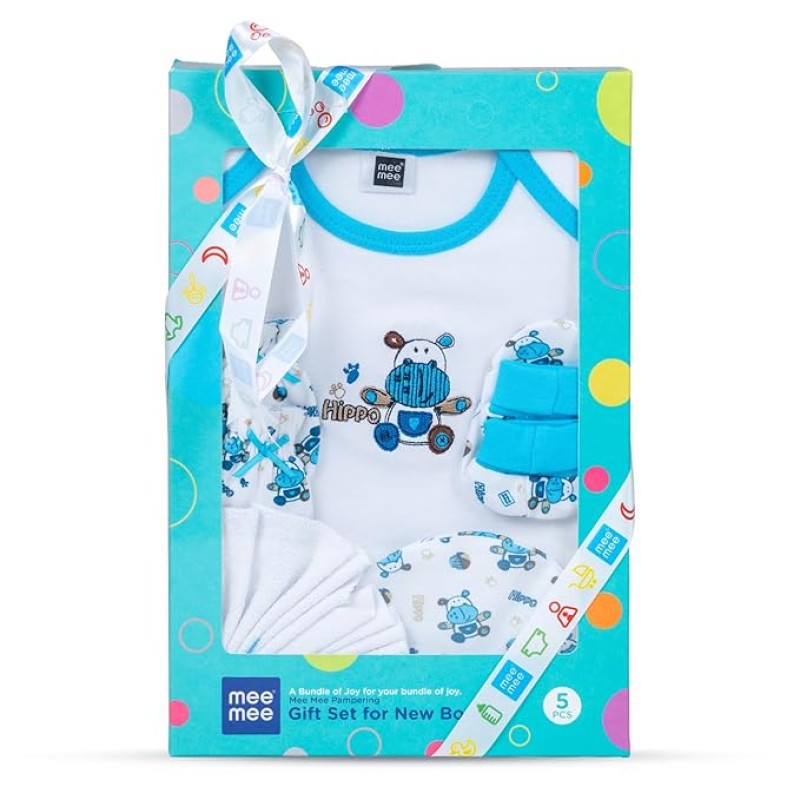 Mee Mee New Born Baby Gift Set | Soft Cotton Clothing Essentials for Infants/Baby Girls, Boys | Baby Shower Clothing Hamper (5 Pieces, Blue)| Ideal Gift for New Born Baby