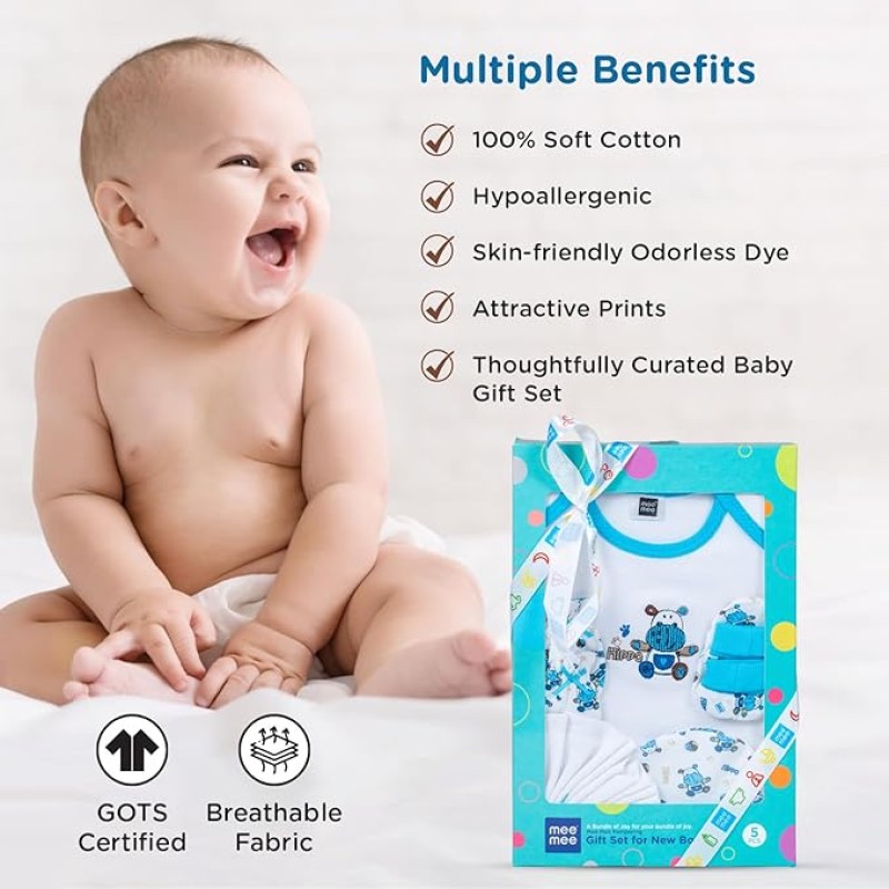 Mee Mee New Born Baby Gift Set | Soft Cotton Clothing Essentials for Infants/Baby Girls, Boys | Baby Shower Clothing Hamper (5 Pieces, Blue)| Ideal Gift for New Born Baby