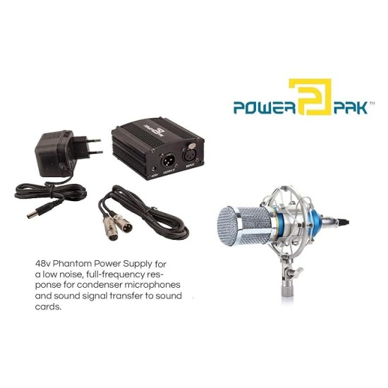 Powerpak 48V Phantom Power Supply 1 Channel for Condenser Microphone Music Recording Equipment (Black)