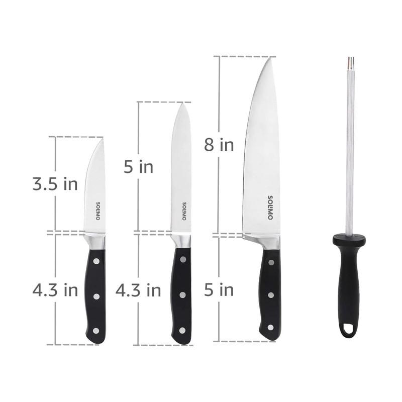 Solimo Premium High-Carbon Stainless Steel Kitchen Knife Set, 4-Pieces (with Sharpener), Silver Solimo Premium High-Carbon Stainless Steel Kitchen Knife Set, 4-Pieces (with Sharpener), Silver