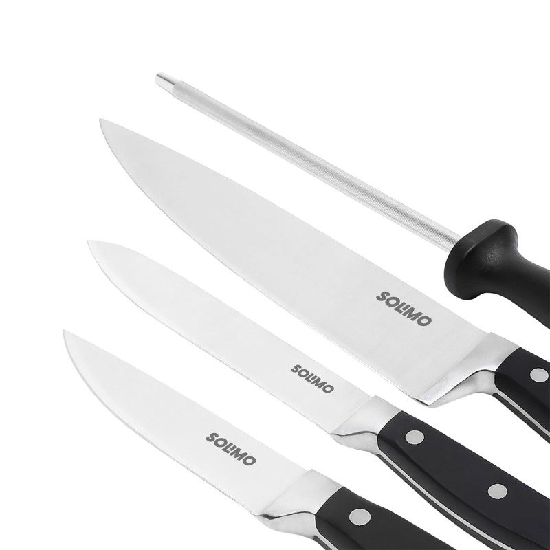Solimo Premium High-Carbon Stainless Steel Kitchen Knife Set, 4-Pieces (with Sharpener), Silver Solimo Premium High-Carbon Stainless Steel Kitchen Knife Set, 4-Pieces (with Sharpener), Silver