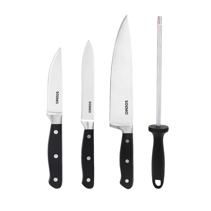 Solimo Premium High-Carbon Stainless Steel Kitchen Knife Set, 4-Pieces (with Sharpener), Silver Solimo Premium High-Carbon Stainless Steel Kitchen Knife Set, 4-Pieces (with Sharpener), Silver