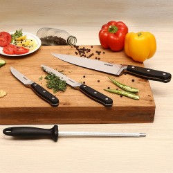 Solimo Premium High-Carbon Stainless Steel Kitchen Knife Set, 4-Pieces (with Sharpener), Silver