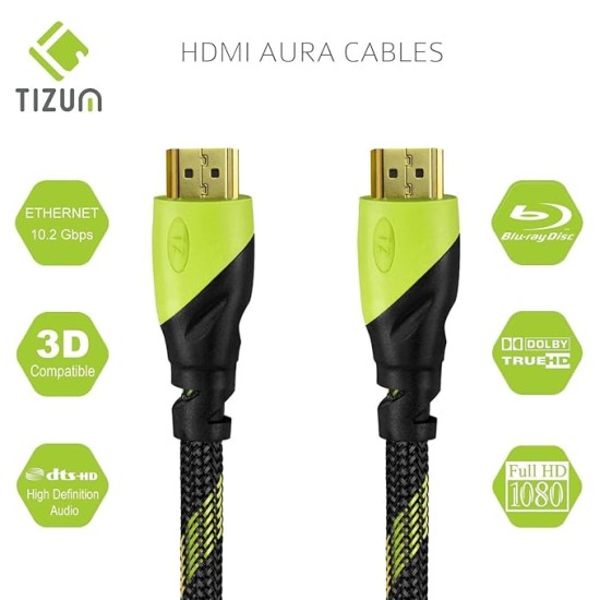 TIZUM High Speed HDMI Cable “Aura” -Gold Plated-High Speed Data 10.2Gbps, 3D, 4K, HD 1080P (33 Ft/10 M) TIZUM High Speed HDMI Cable “Aura” -Gold Plated-High Speed Data 10.2Gbps, 3D, 4K, HD 1080P (33 Ft/10 M)