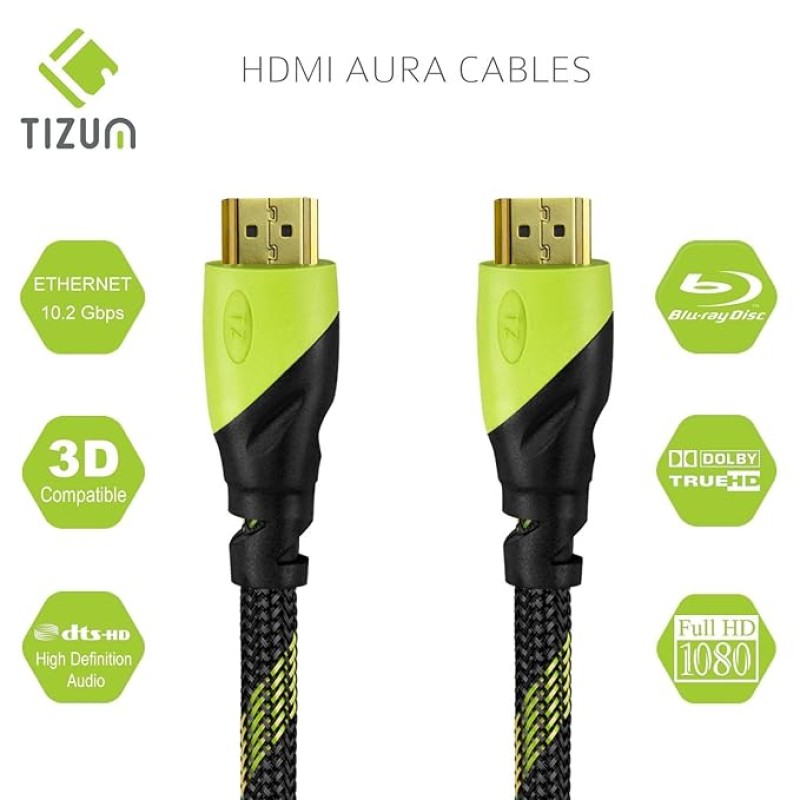 TIZUM High Speed HDMI Cable �Aura� -Gold Plated-High Speed Data 10.2Gbps, 3D, 4K, HD 1080P (33 Ft/10 M)