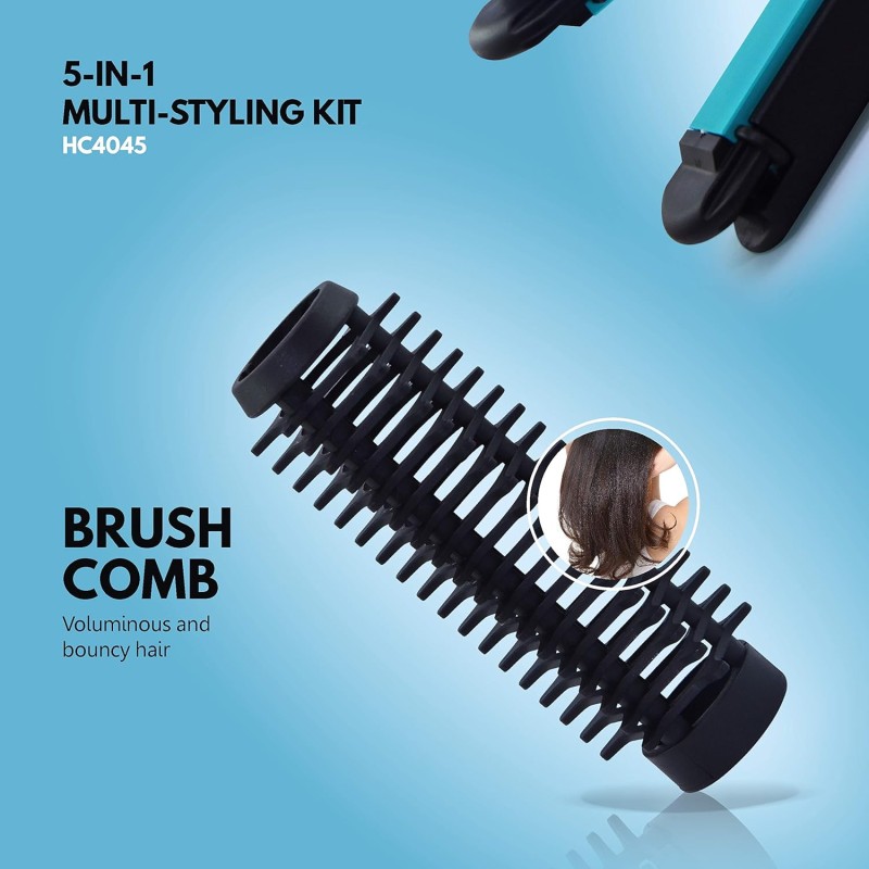 Havells 5-in-1 Multi Styling Kit - Straightener, Curler, Crimper, Conical Curler & Volume Brush, For Multiple Hair Styles, Blue/Black, HC4045 Havells 5-in-1 Multi Styling Kit - Straightener, Curler, Crimper, Conical Curler & Volume Brush, For Multiple Hair Styles, Blue/Black, HC4045