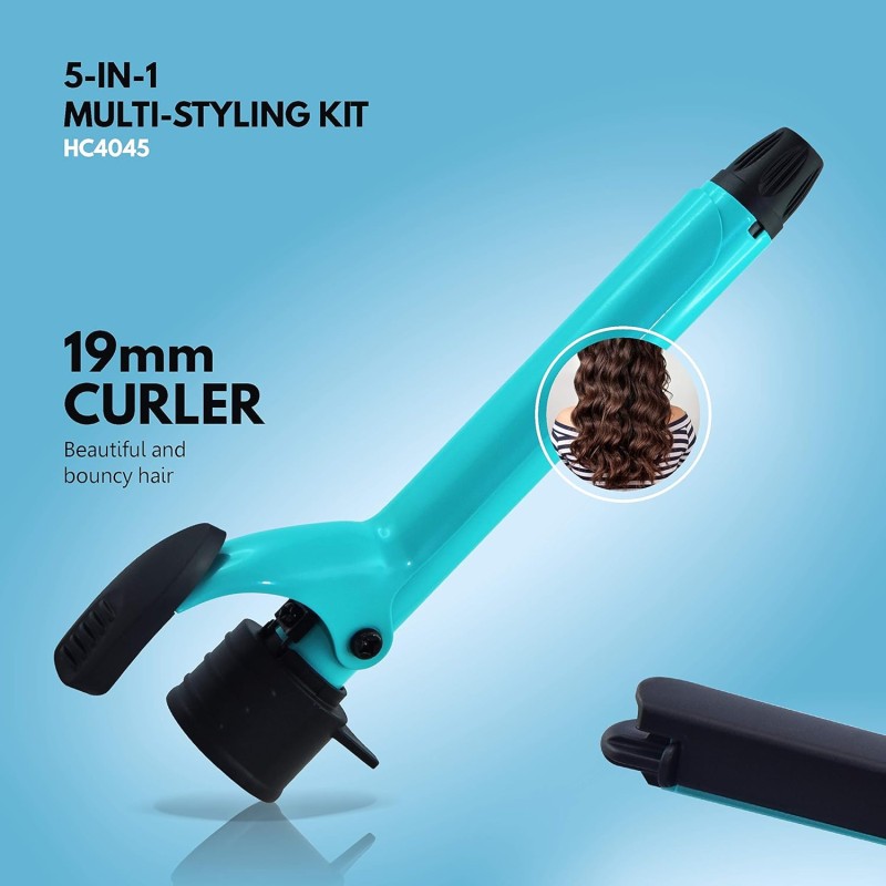 Havells 5-in-1 Multi Styling Kit - Straightener, Curler, Crimper, Conical Curler & Volume Brush, For Multiple Hair Styles, Blue/Black, HC4045 Havells 5-in-1 Multi Styling Kit - Straightener, Curler, Crimper, Conical Curler & Volume Brush, For Multiple Hair Styles, Blue/Black, HC4045