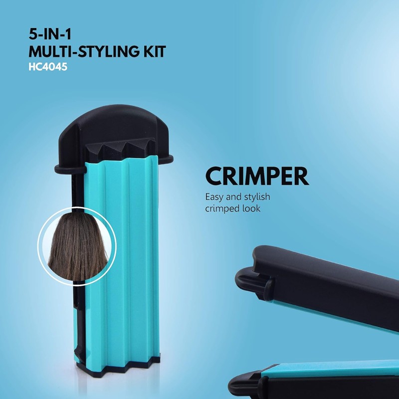 Havells 5-in-1 Multi Styling Kit - Straightener, Curler, Crimper, Conical Curler & Volume Brush, For Multiple Hair Styles, Blue/Black, HC4045 Havells 5-in-1 Multi Styling Kit - Straightener, Curler, Crimper, Conical Curler & Volume Brush, For Multiple Hair Styles, Blue/Black, HC4045