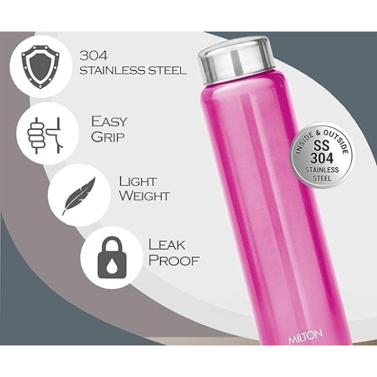 MILTON Aqua 1000 Stainless Steel Water Bottle, 950 ml water bottles, Single walled, Leak-Proof, Rust-free Steel Bottle, Easy Grip, Easy to Carry, Travel Bottle, Silver