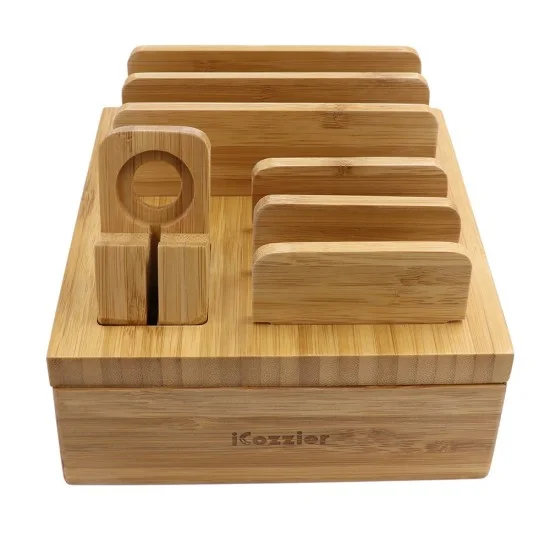 iCozzier Tabletop Bamboo 5-Slot Removable Tablet Phone Stand Holder Desktop Organizer for Apple Watch, iPhone, iPad, iWatch Stand Cord Organizer