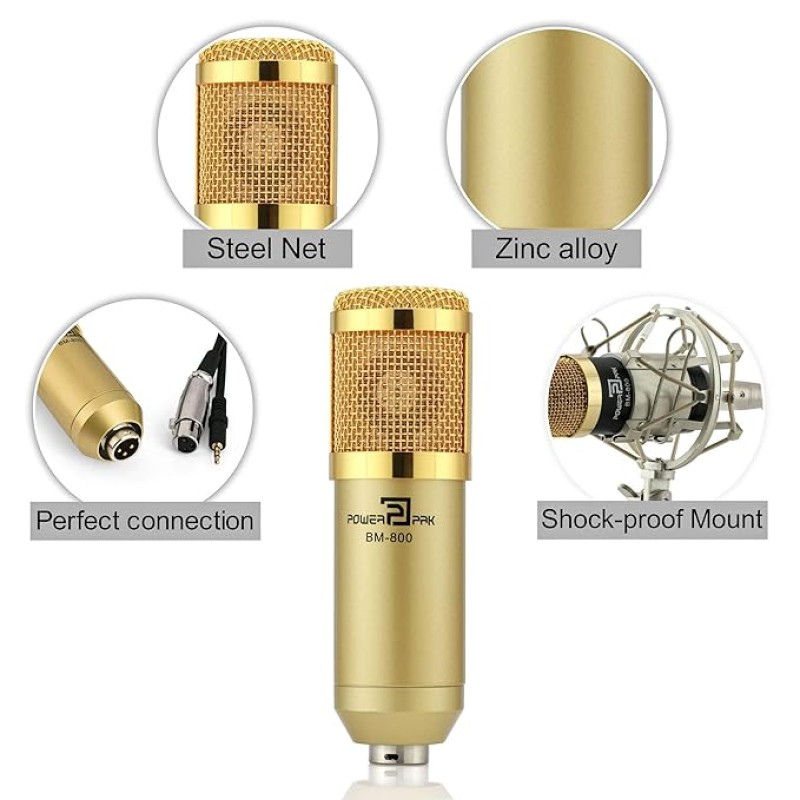 Powerpak Bm-800 Gold Professional Condenser Microphone with Metal Shock Mount (Requires Phantom Power Or Sound Card) - XLR