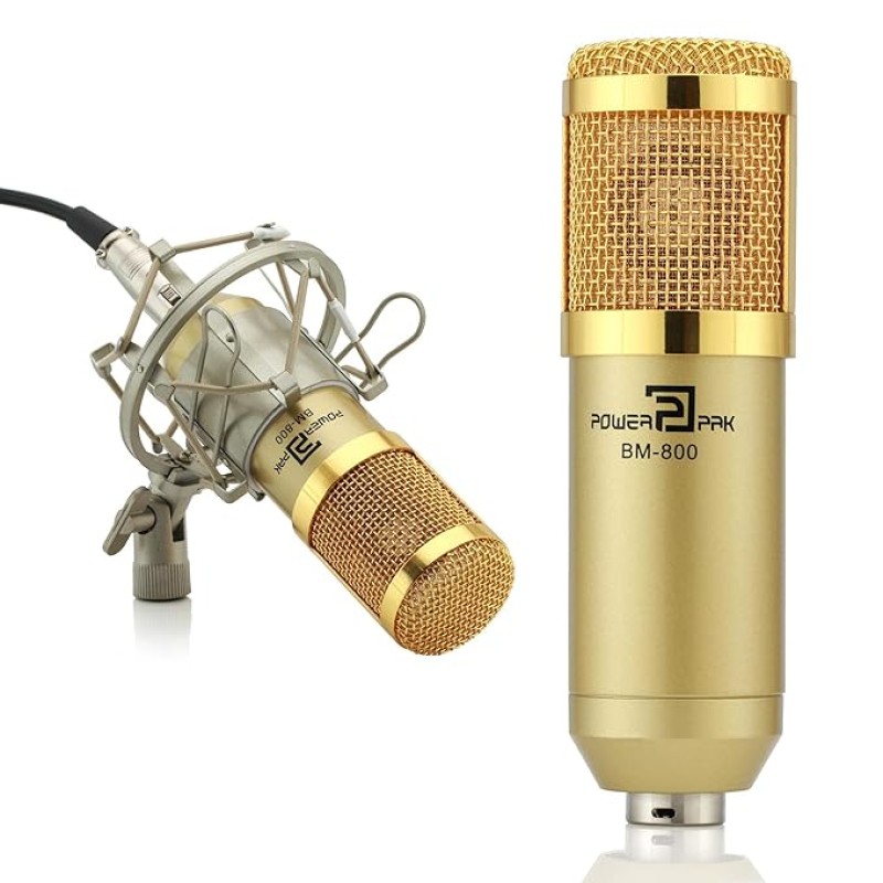 Powerpak Bm-800 Gold Professional Condenser Microphone with Metal Shock Mount (Requires Phantom Power Or Sound Card) - XLR