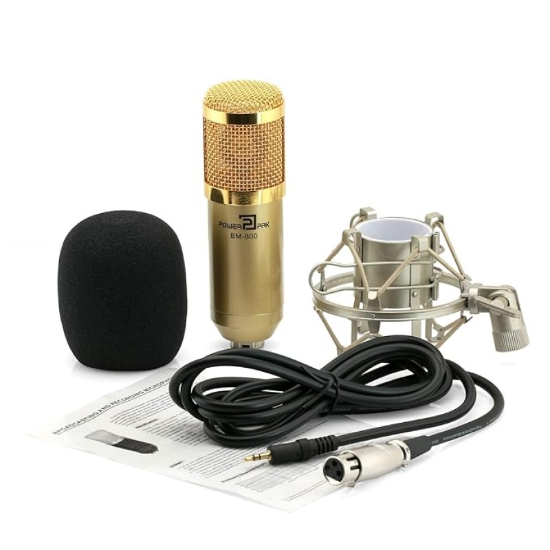 Powerpak Bm-800 Gold Professional Condenser Microphone with Metal Shock Mount (Requires Phantom Power Or Sound Card) - XLR