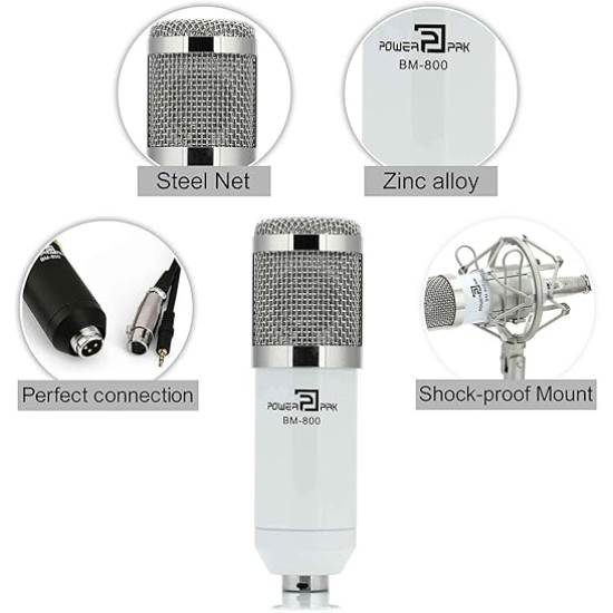 Powerpak Bm-800 White Professional Condenser USB Microphone with Metal Shock Mount (Requires Phantom Power Or Sound Card) Powerpak Bm-800 White Professional Condenser USB Microphone with Metal Shock Mount (Requires Phantom Power Or Sound Card)