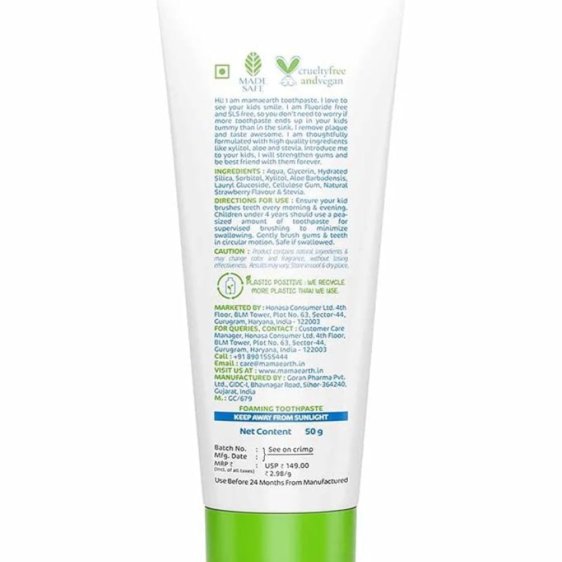 Mamaearth 100% Natural Berry Blast Kids Plaque Removal Toothpaste 50 Gm, Fluoride Free, SLS Free, No Artificial Flavours, Best for baby