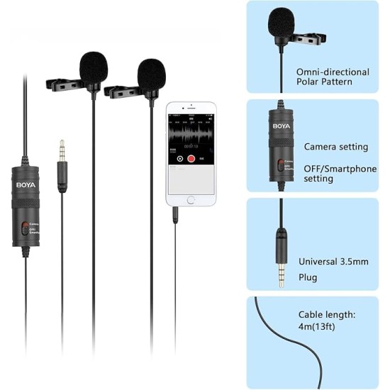 Boya By-M1Dm Dual Lavalier Universal Auxiliary Microphone With A Single 1/8 Stereo Connector For Smartphones Dslr Cameras Camcorders, Black, For Action Cameras With Cleaning Cloth(Gopro, Sjcam)