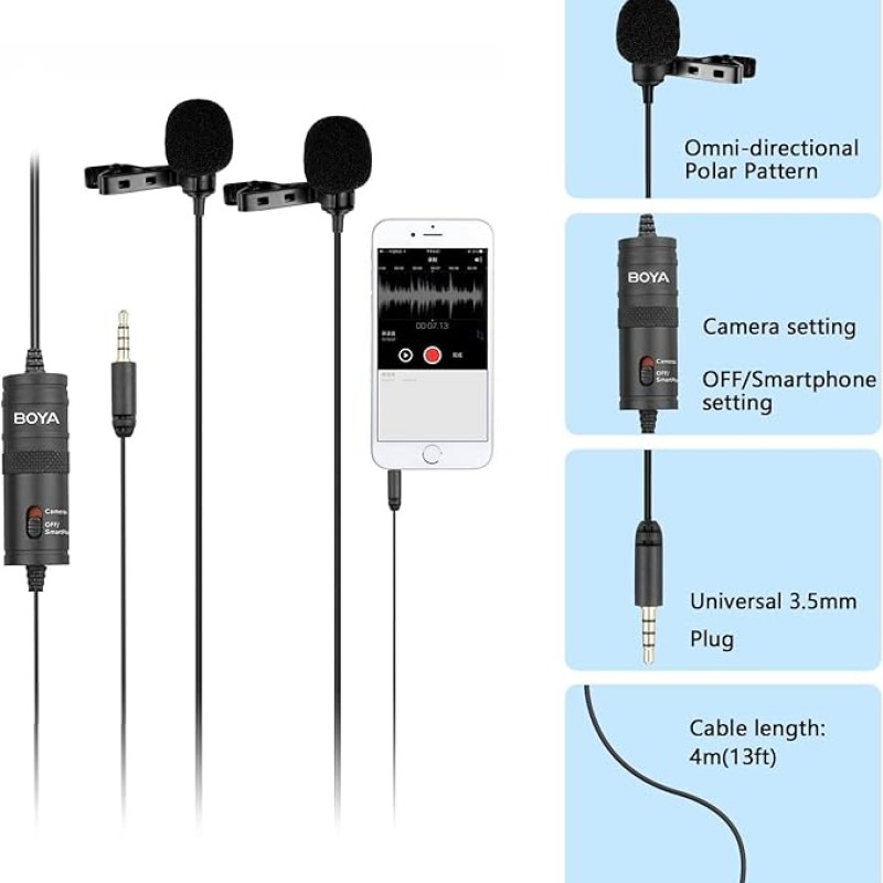 Boya By-M1Dm Dual Lavalier Universal Auxiliary Microphone With A Single 1/8 Stereo Connector For Smartphones Dslr Cameras Camcorders, Black, For Action Cameras With Cleaning Cloth(Gopro, Sjcam) Boya By-M1Dm Dual Lavalier Universal Auxiliary Microphone With A Single 1/8 Stereo Connector For Smartphones Dslr Cameras Camcorders, Black, For Action Cameras With Cleaning Cloth(Gopro, Sjcam)