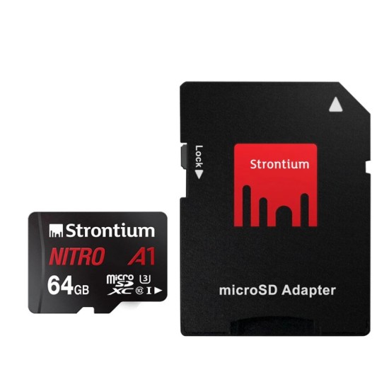 Strontium Nitro A1 64GB Micro SDXC Memory Card 100MB/s A1 UHS-I U3 Class 10 with High Speed Adapter for Smartphones Tablets Drones Action Cams (SRN64GTFU3A1A)