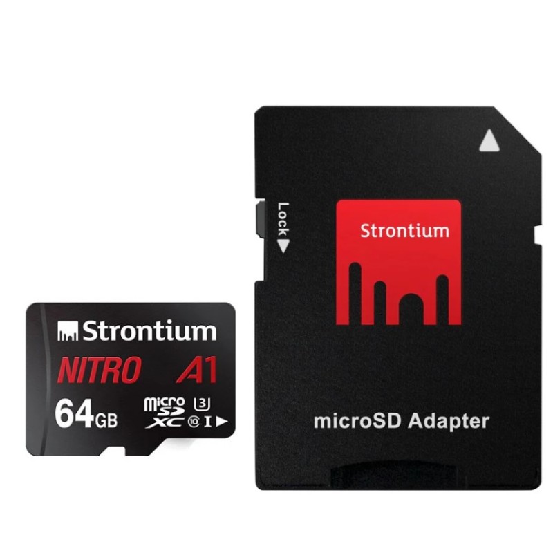 Strontium Nitro A1 64GB Micro SDXC Memory Card 100MB/s A1 UHS-I U3 Class 10 with High Speed Adapter for Smartphones Tablets Drones Action Cams (SRN64GTFU3A1A)