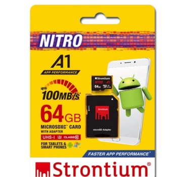 Strontium Nitro A1 64GB Micro SDXC Memory Card 100MB/s A1 UHS-I U3 Class 10 with High Speed Adapter for Smartphones Tablets Drones Action Cams (SRN64GTFU3A1A) Strontium Nitro A1 64GB Micro SDXC Memory Card 100MB/s A1 UHS-I U3 Class 10 with High Speed Adapter for Smartphones Tablets Drones Action Cams (SRN64GTFU3A1A)