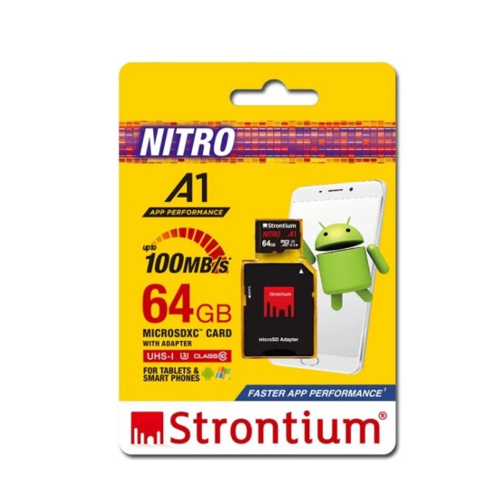 Strontium Nitro A1 64GB Micro SDXC Memory Card 100MB/s A1 UHS-I U3 Class 10 with High Speed Adapter for Smartphones Tablets Drones Action Cams (SRN64GTFU3A1A)