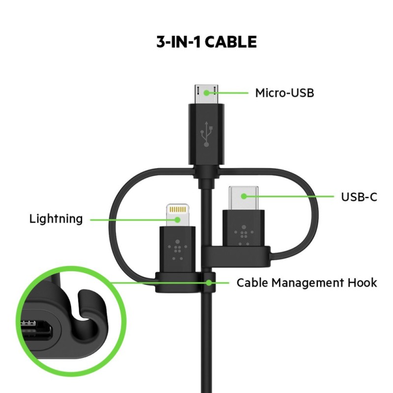 Belkin 3-in-1 Universal Micro USB, USB-C, Lightning Connector Cable 4 Feet (1.2 Meter) - Black Belkin 3-in-1 Universal Micro USB, USB-C, Lightning Connector Cable 4 Feet (1.2 Meter) - Black