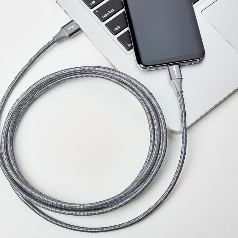 (Refurbished) Amazon Basics Nylon Braided USB-C to USB-A 2.0 Fast Charging Cable, 480Mbps Speed, USB-IF Certified, for Apple iPhone 16/15, iPad, Samsung Galaxy, Tablets, Laptops, 10 foot, Dark Grey