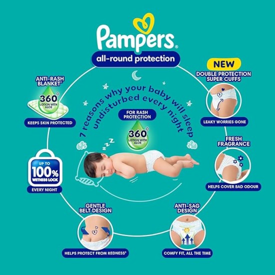 Pampers All Round Protection Pants Style Baby Diapers, Extra Large size (XL) 56 Count, 12-17kg, Anti-rash blanket, 360 degree Lotion with Aloe Vera