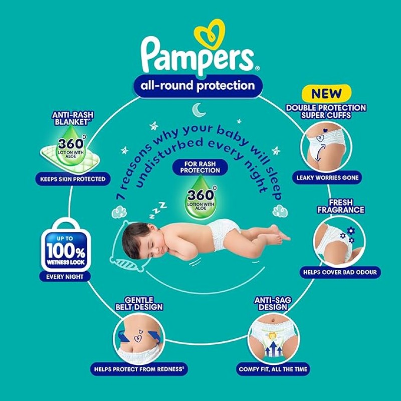Pampers All Round Protection Pants Style Baby Diapers, Extra Large size (XL) 56 Count, 12-17kg, Anti-rash blanket, 360 degree Lotion with Aloe Vera