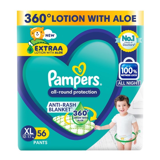 Pampers All Round Protection Pants Style Baby Diapers, Extra Large size (XL) 56 Count, 12-17kg, Anti-rash blanket, 360 degree Lotion with Aloe Vera