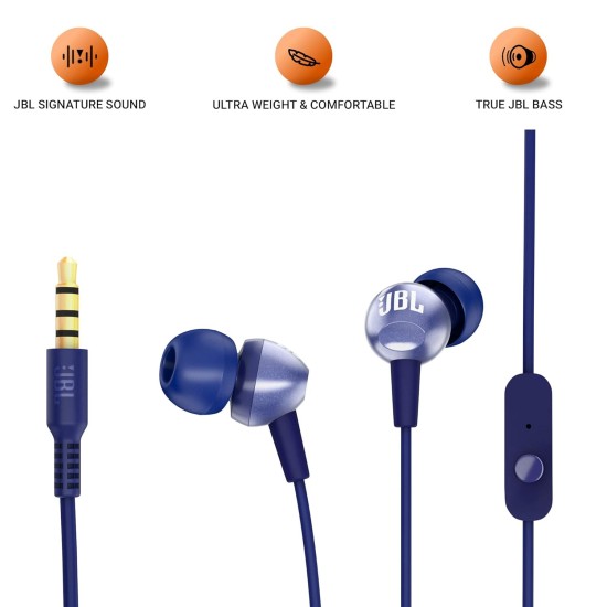 JBL C200SI, Premium in Ear Wired Earphones with Mic, Signature Sound, One Button Multi-Function Remote, Angled Earbuds for Comfort fit (Blue)