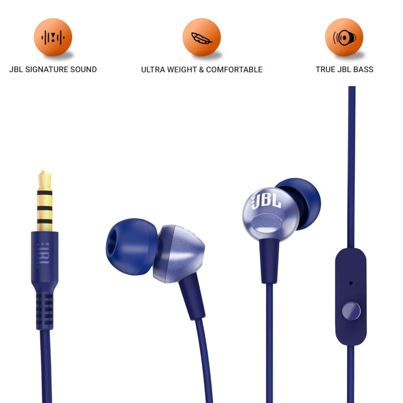 JBL C200SI, Premium in Ear Wired Earphones with Mic, Signature Sound, One Button Multi-Function Remote, Angled Earbuds for Comfort fit (Blue) JBL C200SI, Premium in Ear Wired Earphones with Mic, Signature Sound, One Button Multi-Function Remote, Angled Earbuds for Comfort fit (Blue)