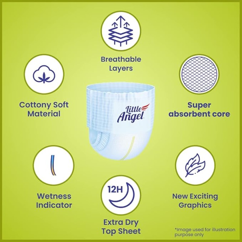 Little Angel Extra Dry Baby Pants Diaper, Large (L) Size, 48 Count, Super Absorbent Core Up to 12 Hrs. Protection, Soft Elastic Waist Grip & Wetness Indicator, Pack of 1, 8-14kg