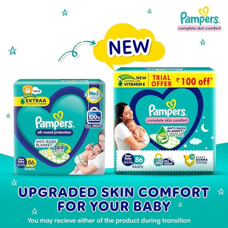 Pampers Complete Skin Comfort Pants, Anti-Rash Blanket, Lotion with Vitamin E & Aloe Vera, New Born, Extra Small Size Baby Diapers (NB,XS) 86 Count, Upto 5kg