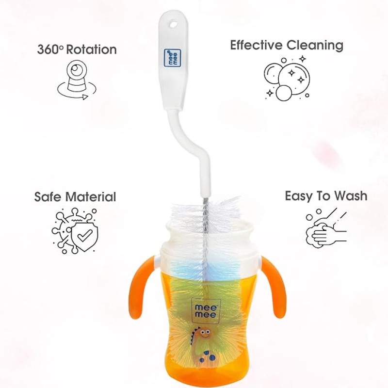 Mee Mee 360� Movable Nylon Bristle Baby Feeding Bottle & Nipple Cleaning Brush | Ergonomic Handle | Easy to Clean Bottle Corners for Narrow & Wide Neck | BPA Free Easy Hanging Storage (Dark Blue)