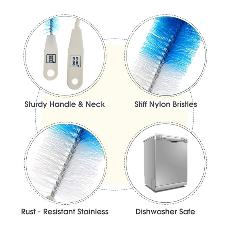Mee Mee 360� Movable Nylon Bristle Baby Feeding Bottle & Nipple Cleaning Brush | Ergonomic Handle | Easy to Clean Bottle Corners for Narrow & Wide Neck | BPA Free Easy Hanging Storage (Dark Blue)