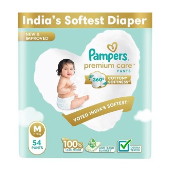 Pampers Premium Care Pant Style Baby Diapers | Medium (M size) | 54 Count | Voted India's Softest | All-in-1 with 360 Cottony Softness Diapers | 7-12kg