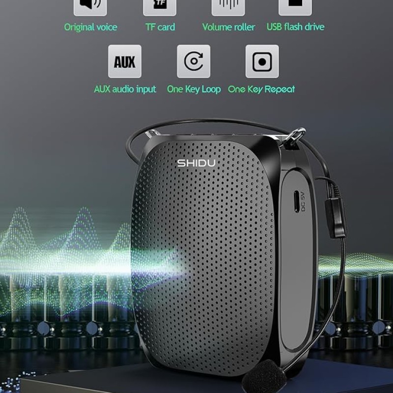 SHIDU Portable Rechargeable Voice Amplifier with Wired Neckband Microphone, Supports AUX, USB & Micro-SD Card Input for Teachers, Tour Guides, Coaches, Classroom, Singing, Yoga, Fitness Instructors SHIDU Portable Rechargeable Voice Amplifier with Wired Neckband Microphone, Supports AUX, USB & Micro-SD Card Input for Teachers, Tour Guides, Coaches, Classroom, Singing, Yoga, Fitness Instructors