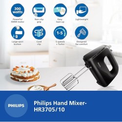 Philips HR3705/10 300 Watt Lightweight Hand Mixer, Blender with 5 speed control settings, stainless steel accessories and 2 years warranty(black color) Philips HR3705/10 300 Watt Lightweight Hand Mixer, Blender with 5 speed control settings, stainless steel accessories and 2 years warranty(black color)