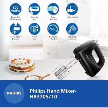 Philips HR3705/10 300 Watt Lightweight Hand Mixer, Blender with 5 speed control settings, stainless steel accessories and 2 years warranty(black color) Philips HR3705/10 300 Watt Lightweight Hand Mixer, Blender with 5 speed control settings, stainless steel accessories and 2 years warranty(black color)