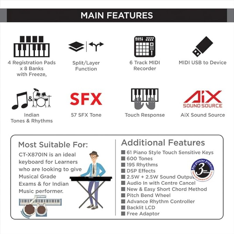 Casio CT-X870IN 61 Keys Portable Keyboard, Black Casio CT-X870IN 61 Keys Portable Keyboard, Black