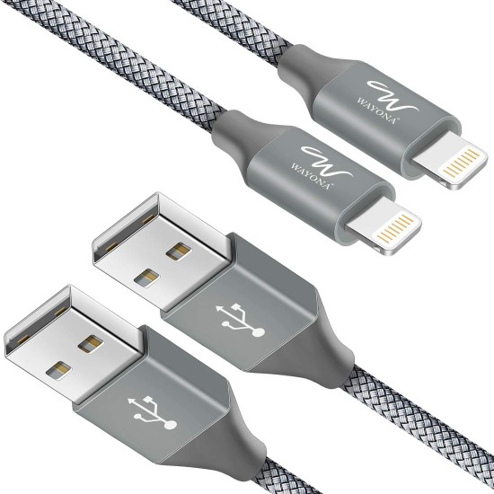 Wayona Nylon Braided (2 Pack) Long Lightning To Usb A Syncing And Fast Charging Data Cable For Iphone, Ipad Tablet (3Ft+6Ft Pack Of 2, Grey)