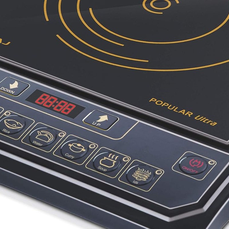 Bajaj Popular Ultra 1400W Induction Cooktop with Pan Sensor and Voltage Pro Technology, Black, Radiant