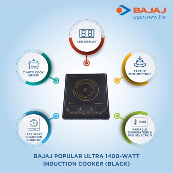Bajaj Popular Ultra 1400W Induction Cooktop with Pan Sensor and Voltage Pro Technology, Black, Radiant