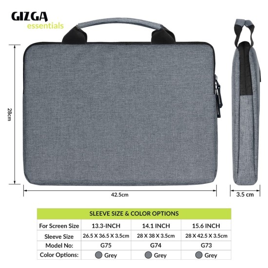 Gizga Essentials Laptop Bag Sleeve Case Cover Pouch with Handle for 15.6 inches Laptop, Padded Laptop Compartment, Premium Zipper Closure Water Repellent Nylon Fabric, Grey