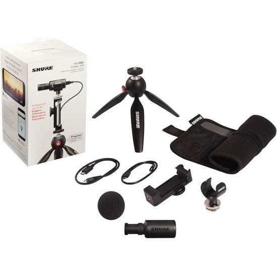 Shure MV88+ Video Kit - Digital Stereo Condenser Microphone for Apple and Android, with Manfrotto PIXI Tripod, Phone Clamp, Mount, iOS and USB-C Cables for Next-Level Connectivity (MV88+ Video KIT)
