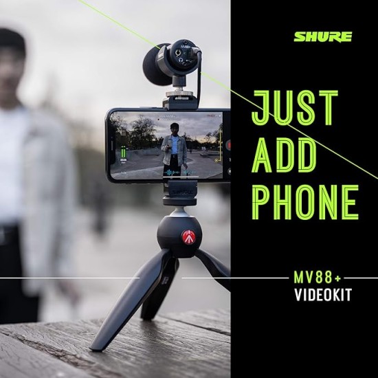 Shure MV88+ Video Kit - Digital Stereo Condenser Microphone for Apple and Android, with Manfrotto PIXI Tripod, Phone Clamp, Mount, iOS and USB-C Cables for Next-Level Connectivity (MV88+ Video KIT)