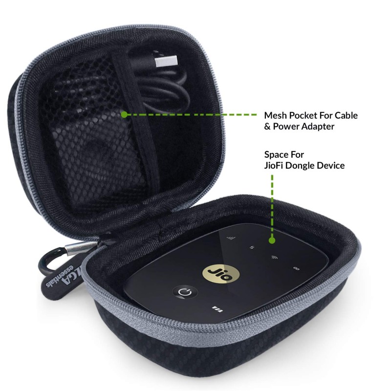 Gizga Essentials Carrying Case for JioFi 4G M2S and JioFI3 WiFi Hotspot Dongle, Shock Asbsorber Protective Carbon Fibre Material, Detachable Hook, Mesh Pocket, Black Gizga Essentials Carrying Case for JioFi 4G M2S and JioFI3 WiFi Hotspot Dongle, Shock Asbsorber Protective Carbon Fibre Material, Detachable Hook, Mesh Pocket, Black