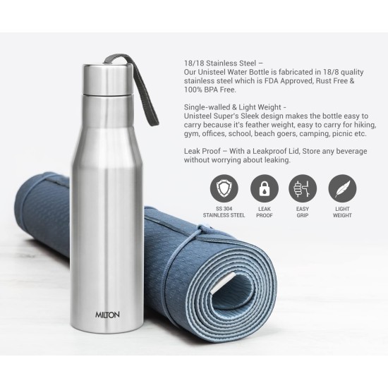 MILTON Super 1000 Stainless Steel Water Bottle, 1000 ml water bottles, Single walled, Leak-Proof, Rust-free Steel Bottle, Easy Grip, Easy to Carry, Travel Bottle, Silver